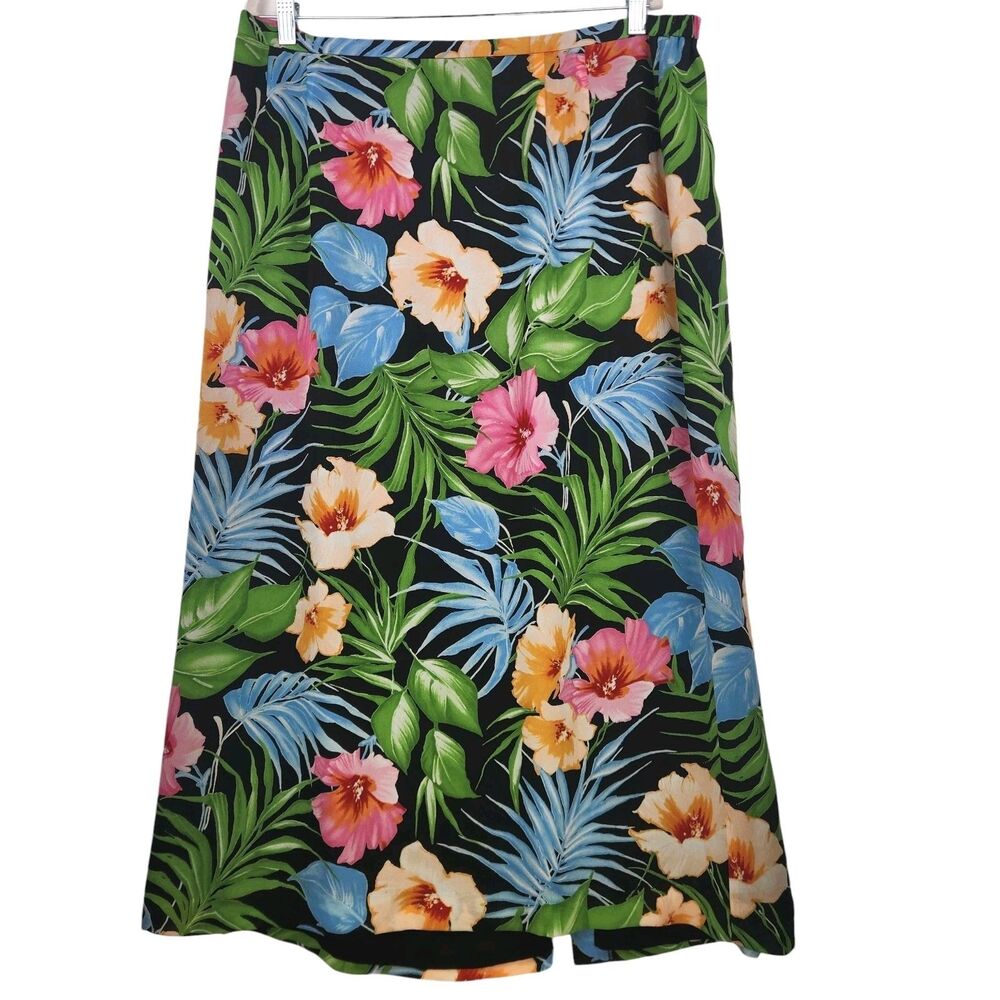 Emma James Woman's Midi Skirt 18W Tropical Hibiscus Flowers Palm Leaves Hawaiian